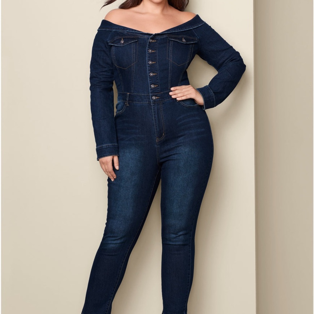 Women's VENUS Dark Blue Denim Jumpsuit Off The Shoulder Never Worn